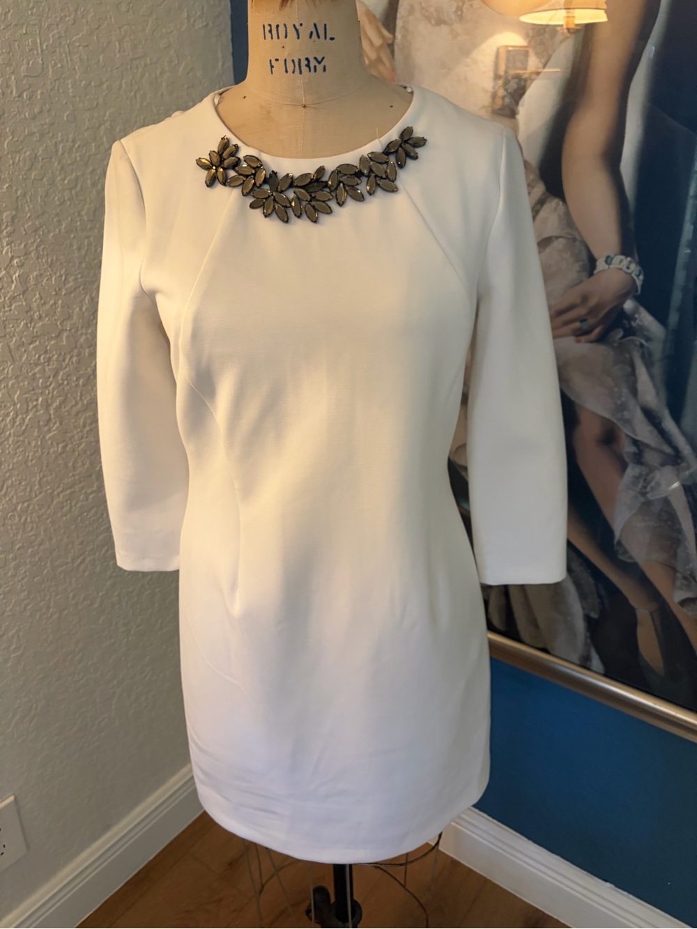 Zara White Long Sleeve Shift Dress with Jewel Collar
